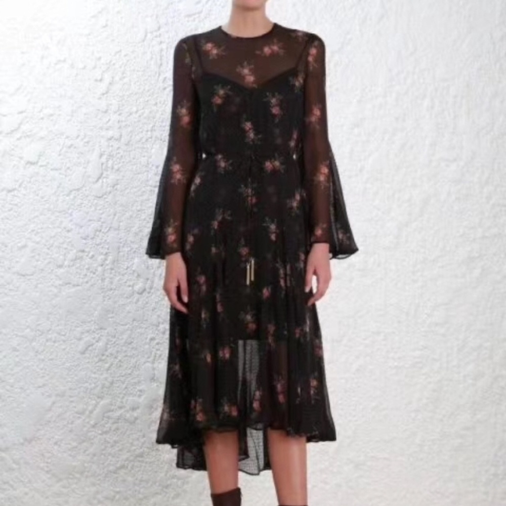 Zimmermann Black Sheer Floral Midi Dress